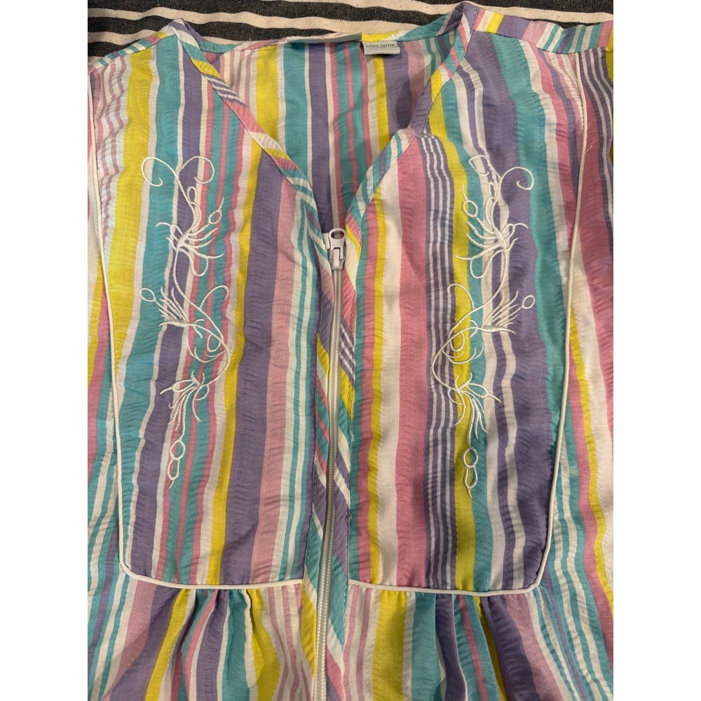 Collections Etc Pastel Striped Cotton Seersucker Caftan Robe Zip Front Medium - Picture 3 of 3